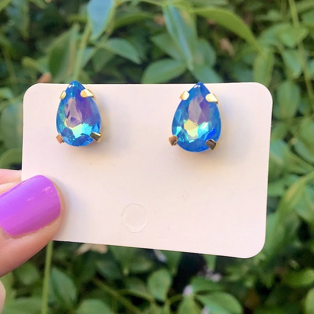 Light Sapphire Aurora Borealis + Gold Pear Crystal Earrings